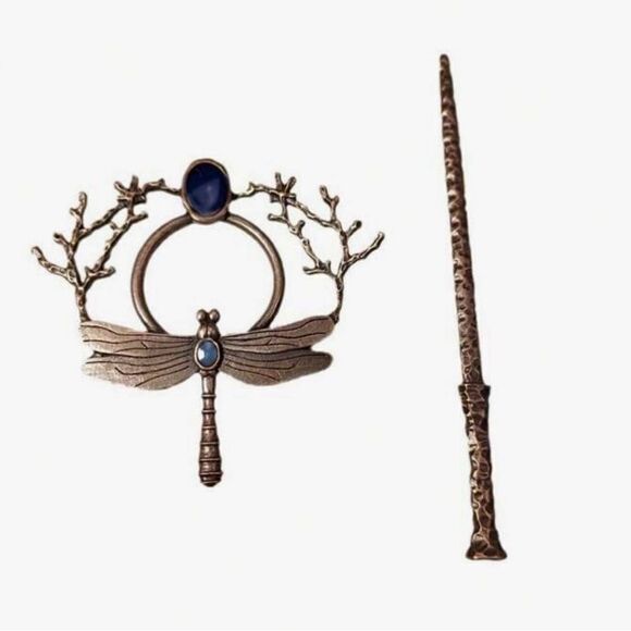 Cottagecore Dragonfly Hair Accessory, Engraved texture, Blue stone accent - Picture 2 of 2